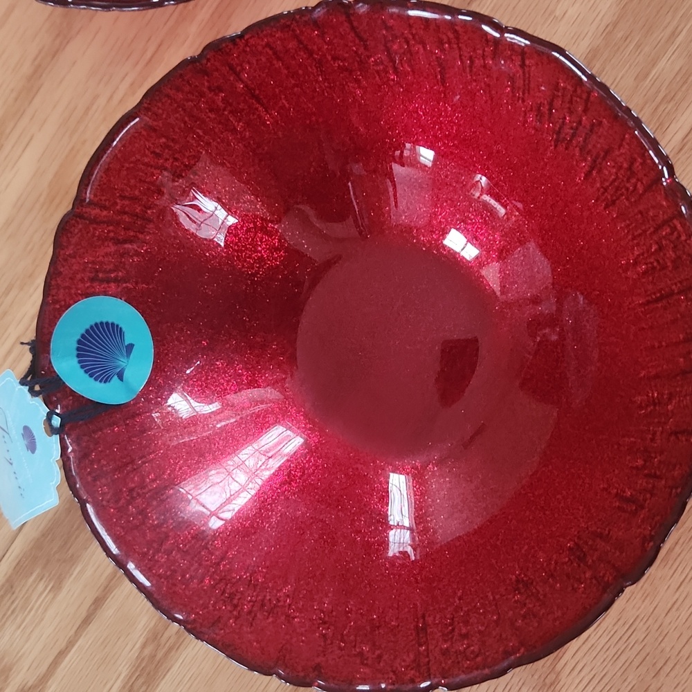 Set of Two Red Glass Bowls Sparkly Handcrafted - Picture 11 of 15